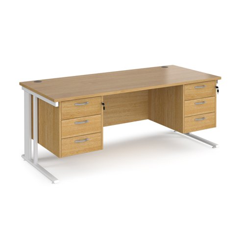 Maestro 25 straight desk 1800mm x 800mm with two x 3 drawer pedestals - white cable managed leg frame, oak top