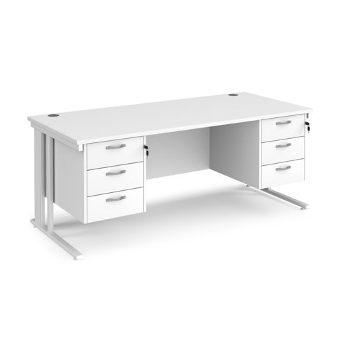Maestro 25 straight desk 1800mm x 800mm with two x 3 drawer pedestals - white cable managed leg frame, white top
