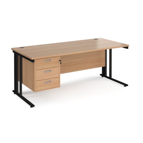 Maestro 25 straight desk 1800mm x 800mm with 3 drawer pedestal - black cable managed leg frame, beech top