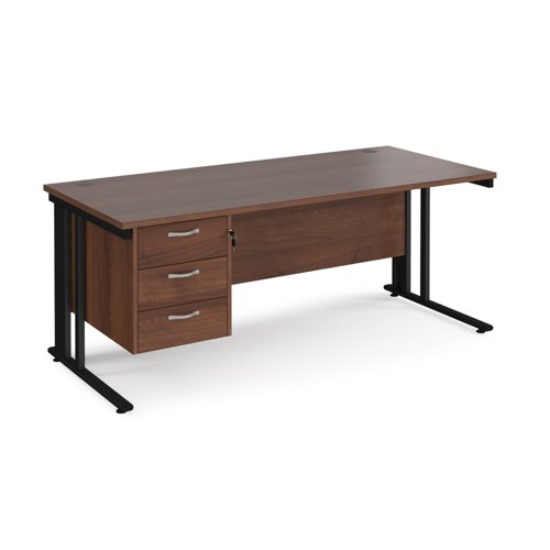 Maestro 25 straight desk 1800mm x 800mm with 3 drawer pedestal - black cable managed leg frame, walnut top