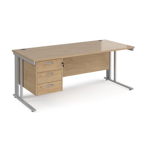 Maestro 25 straight desk 1800mm x 800mm with 3 drawer pedestal - silver cable managed leg frame, kendal oak top