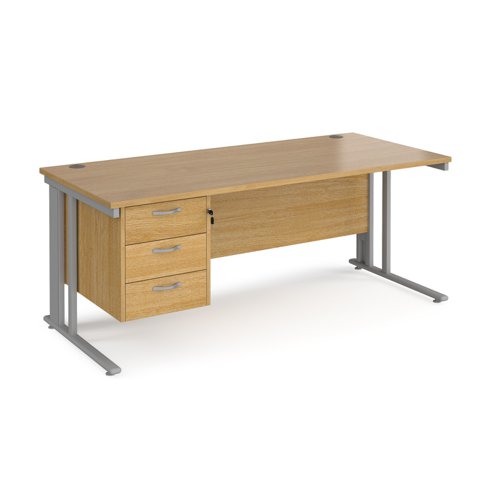 Maestro 25 straight desk 1800mm x 800mm with 3 drawer pedestal - silver cable managed leg frame, oak top