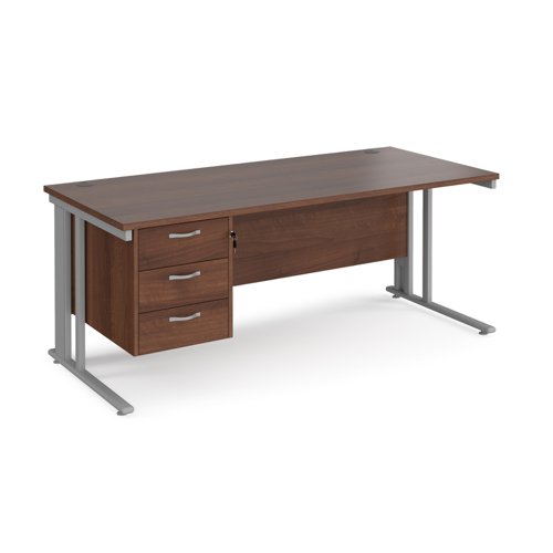 Maestro 25 straight desk 1800mm x 800mm with 3 drawer pedestal - silver cable managed leg frame, walnut top