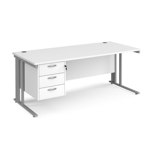 Maestro 25 straight desk 1800mm x 800mm with 3 drawer pedestal - silver cable managed leg frame, white top Office Desks MCM18P3SWH