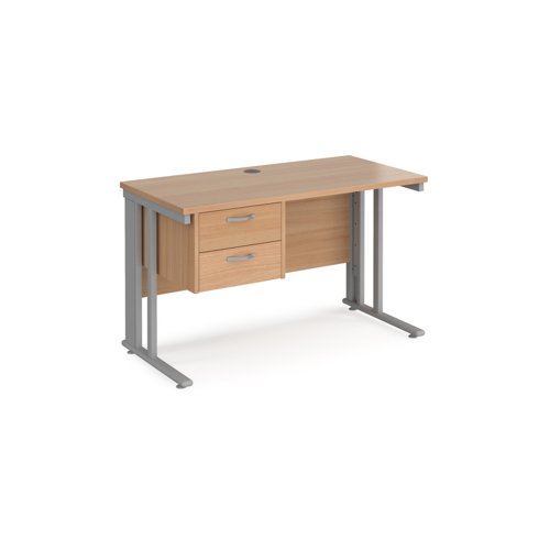 Maestro 25 straight desk 1200mm x 600mm with 2 drawer pedestal - silver cable managed leg frame, beech top Office Desks MCM612P2SB