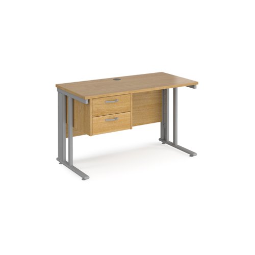 Maestro 25 straight desk 1200mm x 600mm with 2 drawer pedestal - silver cable managed leg frame, oak top