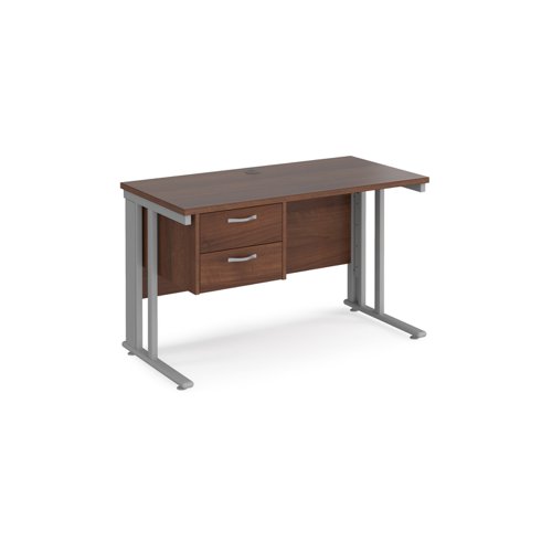 Maestro 25 straight desk 1200mm x 600mm with 2 drawer pedestal - silver cable managed leg frame, walnut top