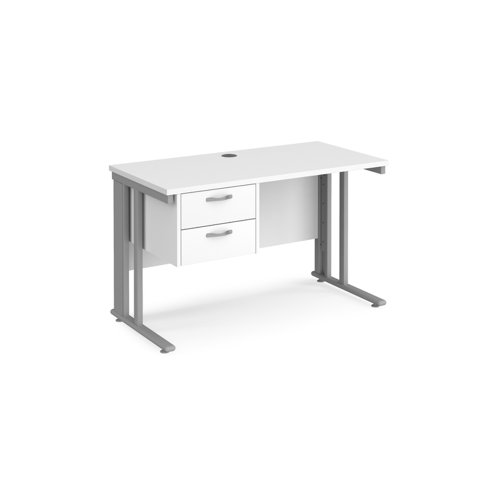 Maestro 25 straight desk 1200mm x 600mm with 2 drawer pedestal - silver cable managed leg frame, white top