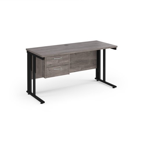 Maestro 25 straight desk 1400mm x 600mm with 2 drawer pedestal - black cable managed leg frame leg, grey oak top