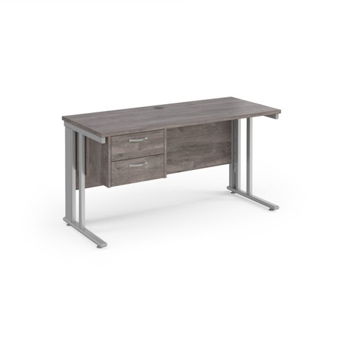 Maestro 25 Straight Desk 1400mm X 600mm With 2 Drawer Pedestal Silver Cable Managed Leg Frame Leg Grey Oak Top