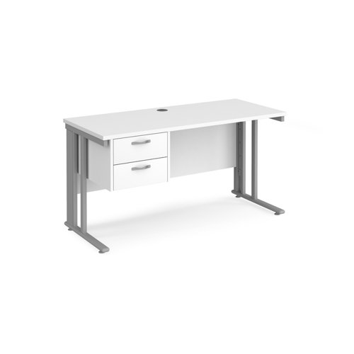 Office Desk Rectangular Desk 1400mm With Pedestal White Top With Silver Frame 600mm Depth Maestro 25 Mcm614p2swh