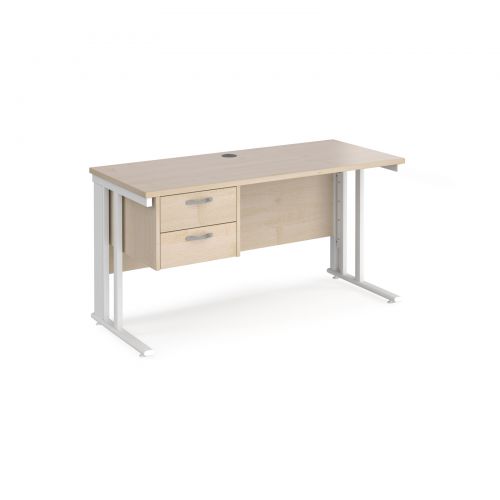 Maestro 25 straight desk 1400mm x 600mm with 2 drawer pedestal - white cable managed leg frame and maple top