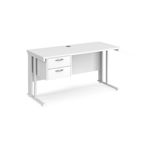 Maestro 25 straight desk 1400mm x 600mm with 2 drawer pedestal - white cable managed leg frame, white top