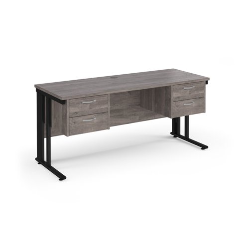 Maestro 25 straight desk 1600mm x 600mm with two x 2 drawer pedestals - black cable managed leg frame leg, grey oak top