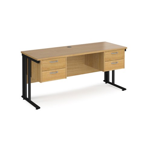 Maestro 25 straight desk 1600mm x 600mm with two x 2 drawer pedestals - black cable managed leg frame, oak top