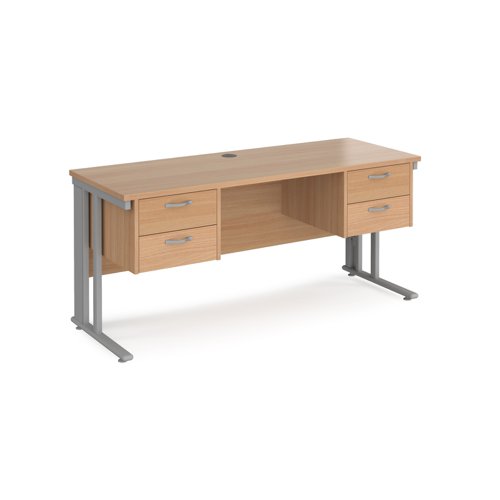 Maestro 25 straight desk 1600mm x 600mm with two x 2 drawer pedestals - silver cable managed leg frame, beech top Office Desks MCM616P22SB
