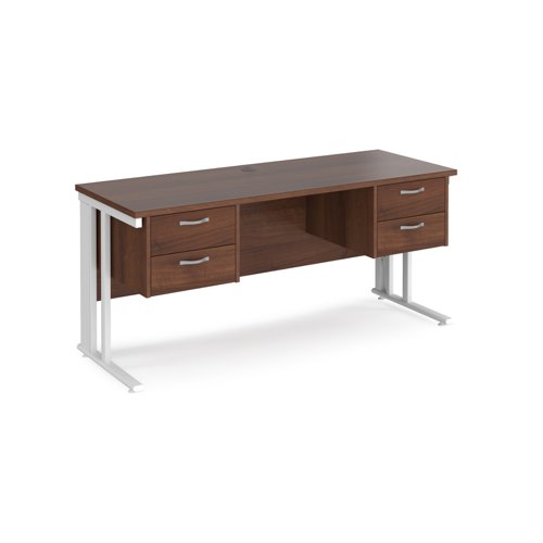 Maestro 25 straight desk 1600mm x 600mm with two x 2 drawer pedestals - white cable managed leg frame, walnut top
