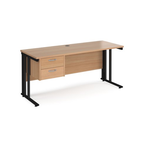 Maestro 25 straight desk 1600mm x 600mm with 2 drawer pedestal - black cable managed leg frame, beech top