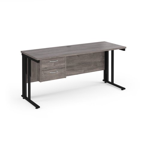 Maestro 25 Straight Desk 1600mm X 600mm With 2 Drawer Pedestal Black Cable Managed Leg Frame Leg Grey Oak Top