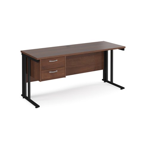 Maestro 25 straight desk 1600mm x 600mm with 2 drawer pedestal - black cable managed leg frame, walnut top