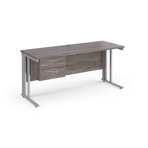 Maestro 25 Straight Desk 1600mm X 600mm With 2 Drawer Pedestal Silver Cable Managed Leg Frame Leg Grey Oak Top