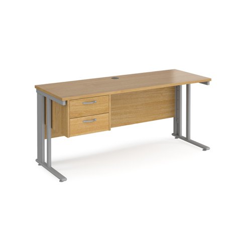 Maestro 25 straight desk 1600mm x 600mm with 2 drawer pedestal - silver cable managed leg frame, oak top