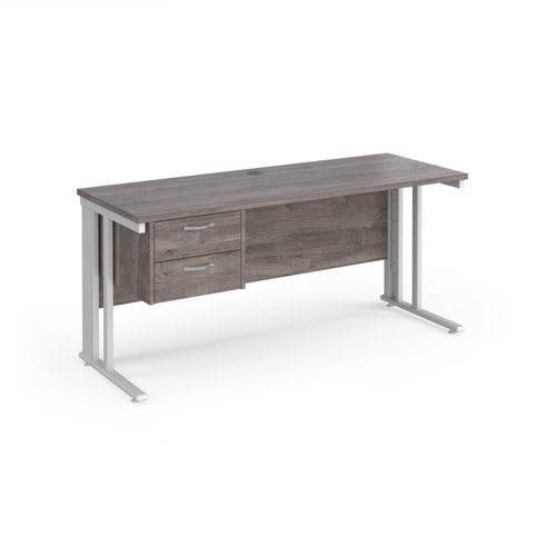 Maestro 25 Straight Desk 1600mm X 600mm With 2 Drawer Pedestal White Cable Managed Leg Frame Leg Grey Oak Top