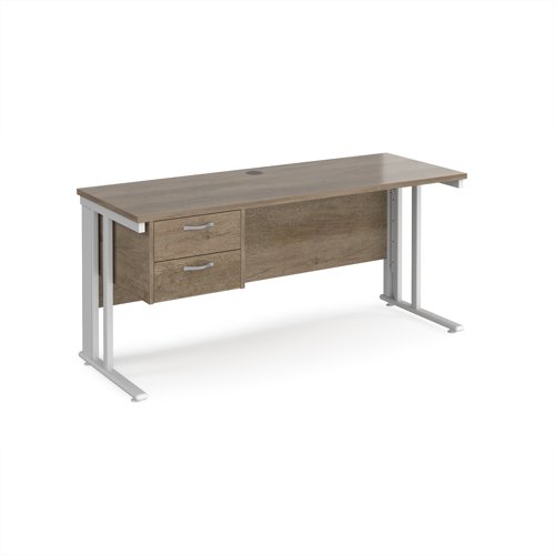 Maestro 25 straight desk 1600mm x 600mm with 2 drawer pedestal - white cable managed leg frame leg, nebraska oak top