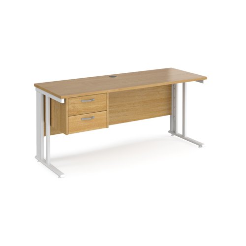 Maestro 25 straight desk 1600mm x 600mm with 2 drawer pedestal - white cable managed leg frame, oak top