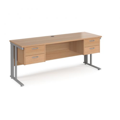 Maestro 25 straight desk 1800mm x 600mm with two x 2 drawer pedestals - silver cable managed leg frame and beech top