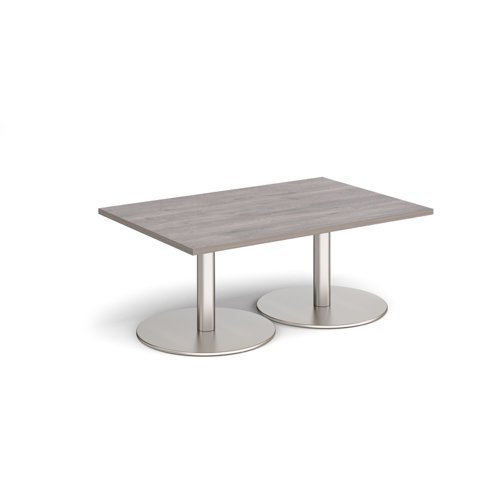 Monza rectangular coffee table with flat round brushed steel bases 1200mm x 800mm - grey oak MCR1200-BS-GO Buy online at Office 5Star or contact us Tel 01594 810081 for assistance