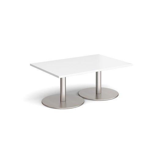 Monza rectangular coffee table with flat round brushed steel bases 1200mm x 800mm - white MCR1200-BS-WH Buy online at Office 5Star or contact us Tel 01594 810081 for assistance