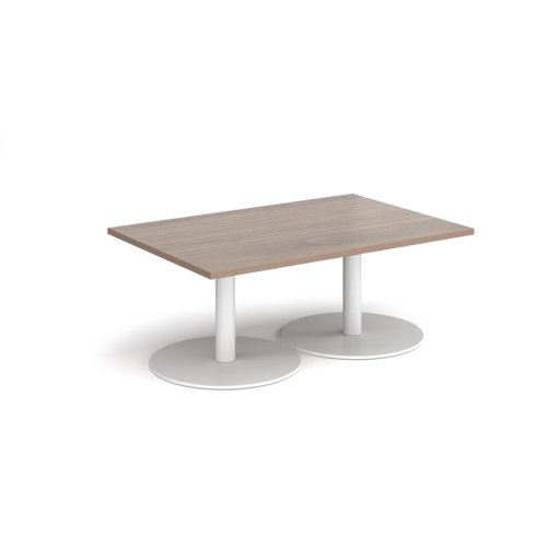 Monza rectangular coffee table with flat round white bases 1200mm x 800mm - barcelona walnut MCR1200-WH-BW Buy online at Office 5Star or contact us Tel 01594 810081 for assistance