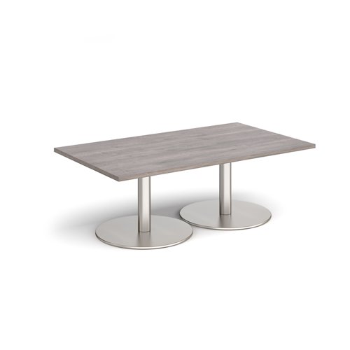 Monza rectangular coffee table with flat round brushed steel bases 1400mm x 800mm - grey oak MCR1400-BS-GO Buy online at Office 5Star or contact us Tel 01594 810081 for assistance