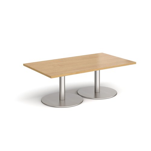 Monza rectangular coffee table with flat round brushed steel bases 1400mm x 800mm - oak MCR1400-BS-O Buy online at Office 5Star or contact us Tel 01594 810081 for assistance
