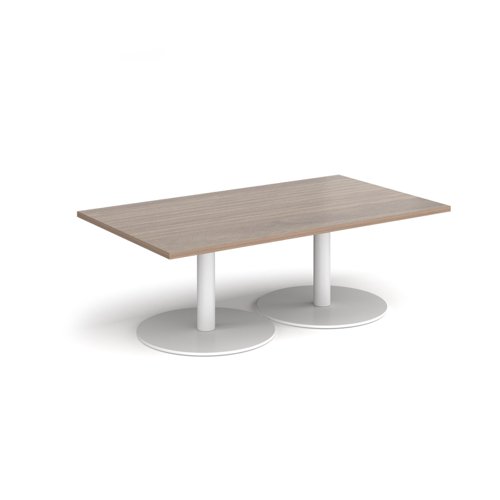 Monza rectangular coffee table with flat round white bases 1400mm x 800mm - barcelona walnut MCR1400-WH-BW Buy online at Office 5Star or contact us Tel 01594 810081 for assistance