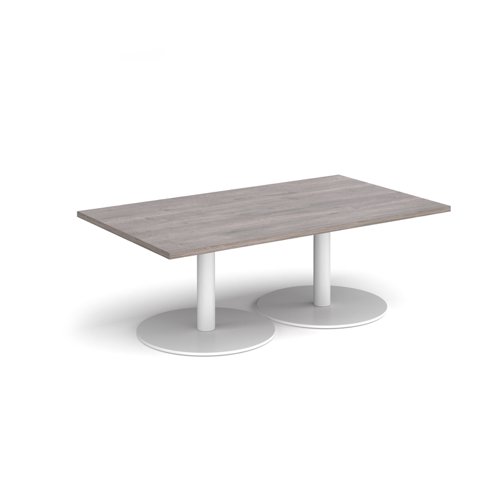Monza rectangular coffee table with flat round white bases 1400mm x 800mm - grey oak MCR1400-WH-GO Buy online at Office 5Star or contact us Tel 01594 810081 for assistance