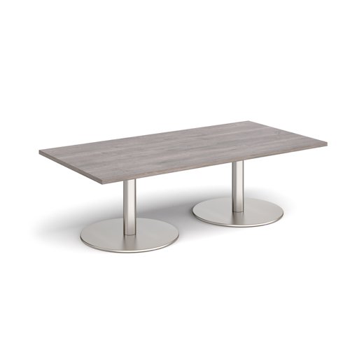 Monza rectangular coffee table with flat round brushed steel bases 1600mm x 800mm - grey oak MCR1600-BS-GO Buy online at Office 5Star or contact us Tel 01594 810081 for assistance