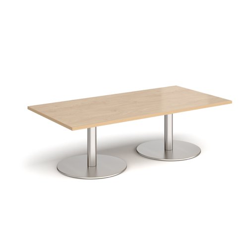 Monza rectangular coffee table with flat round brushed steel bases 1600mm x 800mm - kendal oak MCR1600-BS-KO Buy online at Office 5Star or contact us Tel 01594 810081 for assistance