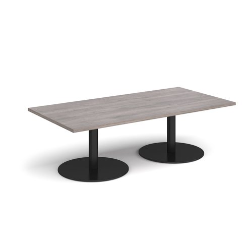 Monza rectangular coffee table with flat round black bases 1600mm x 800mm - grey oak MCR1600-K-GO Buy online at Office 5Star or contact us Tel 01594 810081 for assistance