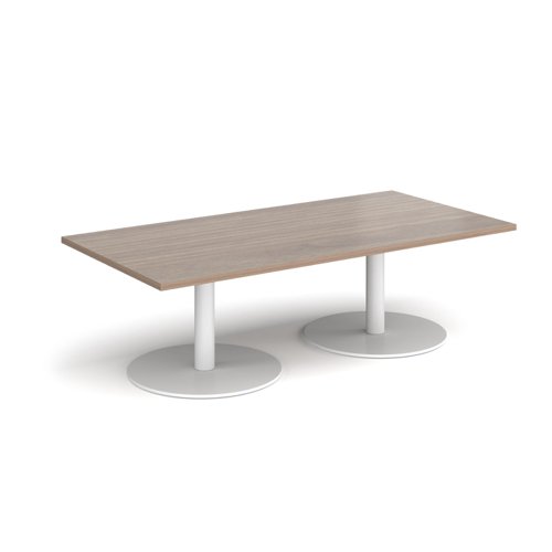 Monza rectangular coffee table with flat round white bases 1600mm x 800mm - barcelona walnut MCR1600-WH-BW Buy online at Office 5Star or contact us Tel 01594 810081 for assistance
