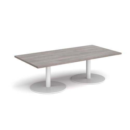 Monza rectangular coffee table with flat round white bases 1600mm x 800mm - grey oak MCR1600-WH-GO Buy online at Office 5Star or contact us Tel 01594 810081 for assistance