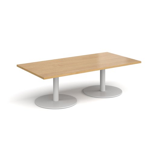 Monza rectangular coffee table with flat round white bases 1600mm x 800mm - oak MCR1600-WH-O Buy online at Office 5Star or contact us Tel 01594 810081 for assistance