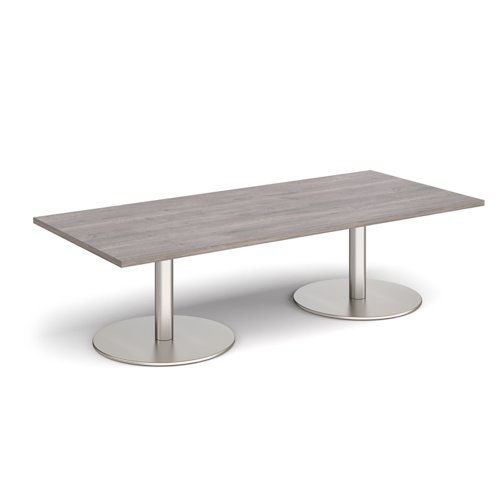 Monza rectangular coffee table with flat round brushed steel bases 1800mm x 800mm - grey oak MCR1800-BS-GO Buy online at Office 5Star or contact us Tel 01594 810081 for assistance