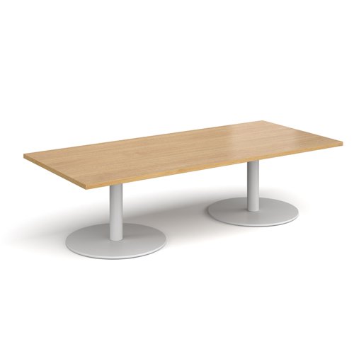Monza rectangular coffee table with flat round white bases 1800mm x 800mm - oak