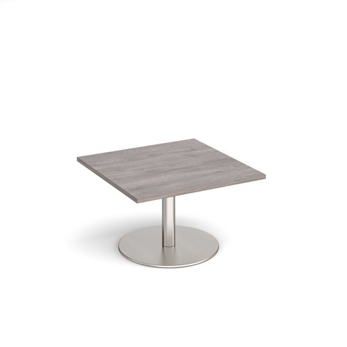 Monza square coffee table with flat round brushed steel base 800mm - grey oak MCS800-BS-GO Buy online at Office 5Star or contact us Tel 01594 810081 for assistance