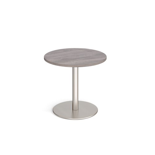 Monza circular dining table with flat round brushed steel base 800mm - grey oak