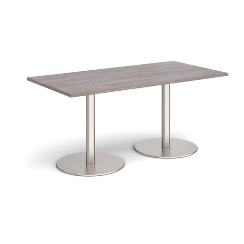 Monza rectangular dining table with flat round brushed steel bases 1600mm x 800mm - grey oak