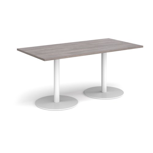 Monza rectangular dining table with flat round white bases 1600mm x 800mm - grey oak