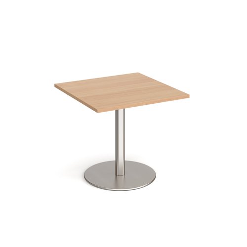 Monza square dining table with flat round brushed steel base 800mm - beech